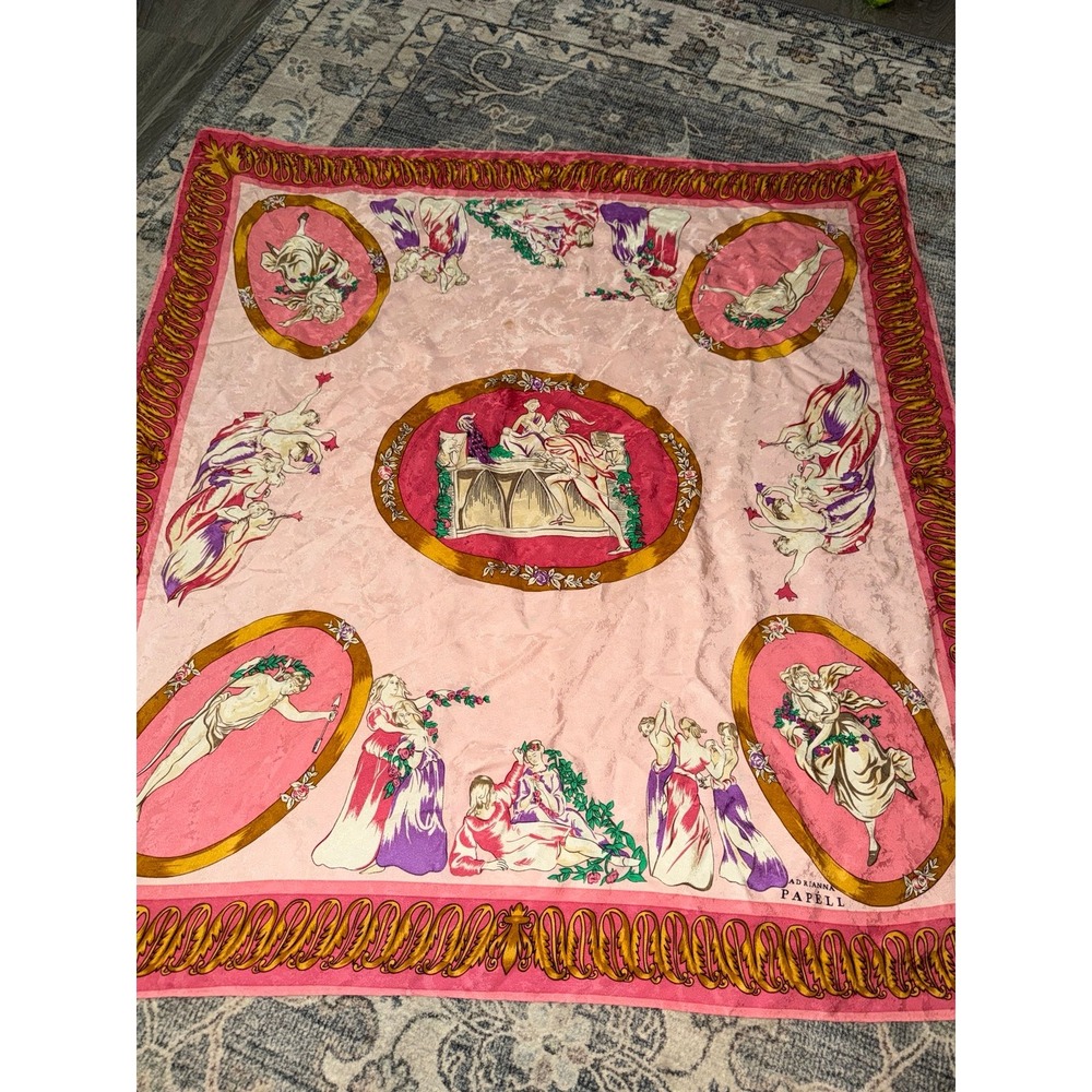 Vintage Adrianna Papell Pink Silk Scarf Ornate Neoclassical Romantic Medallion